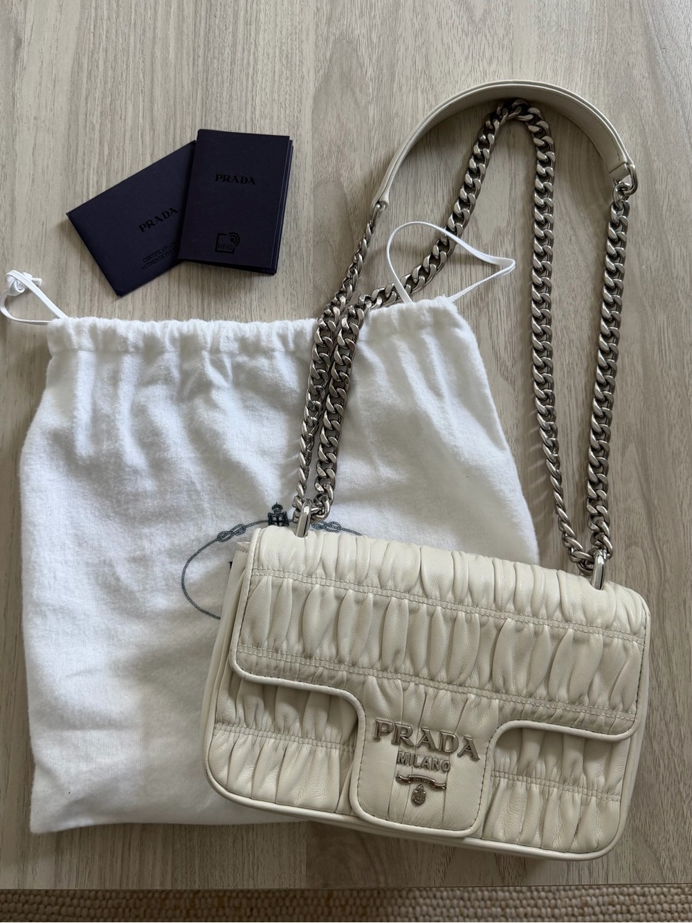 Prada Cream Quilted Shoulder Bag with Silver Chain
